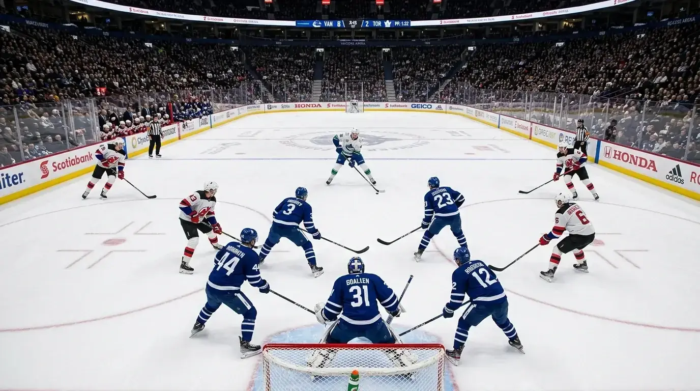 Hockey team executing a power play formation in the offensive zone
