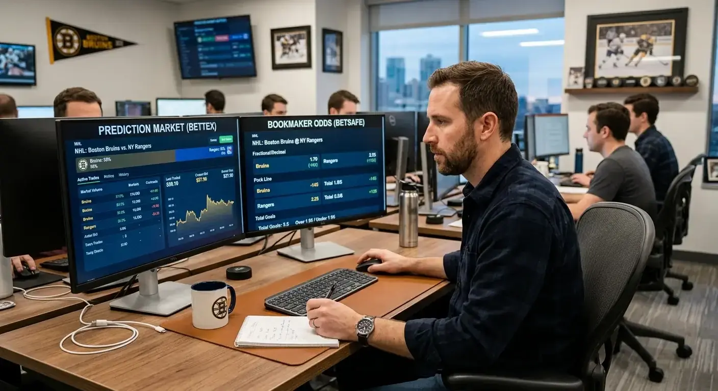 Hockey analyst comparing prediction market data with bookmaker odds on a computer