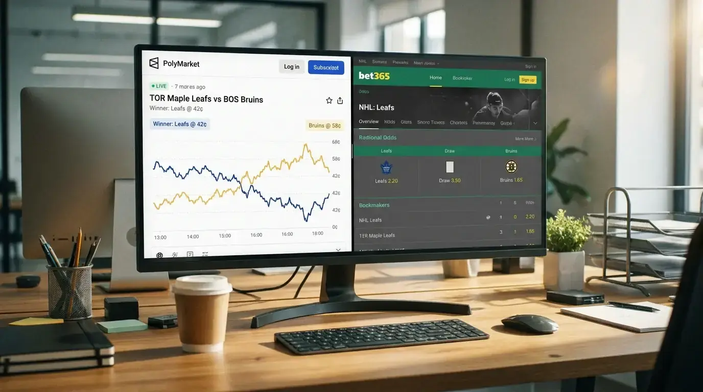 Split screen showing a prediction market price alongside traditional bookmaker odds