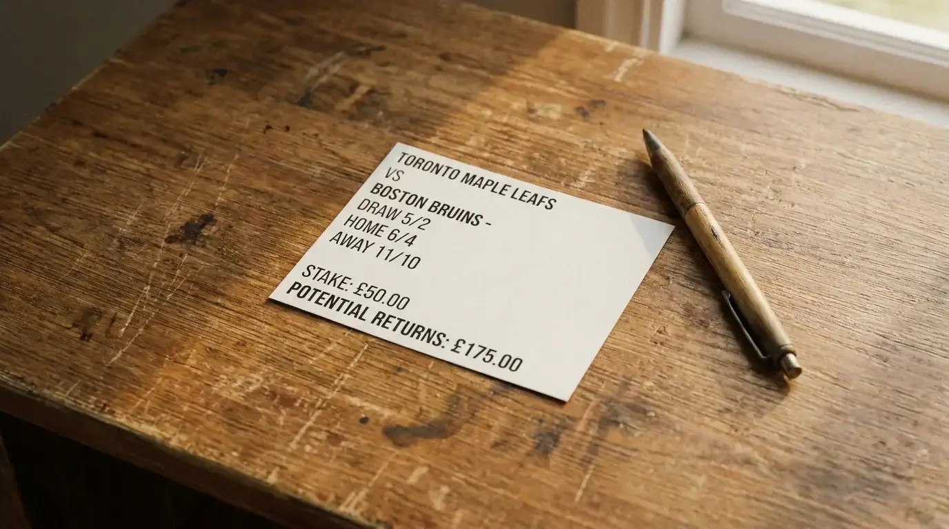 Betting slip with fractional odds and stake calculation for a hockey puck line wager