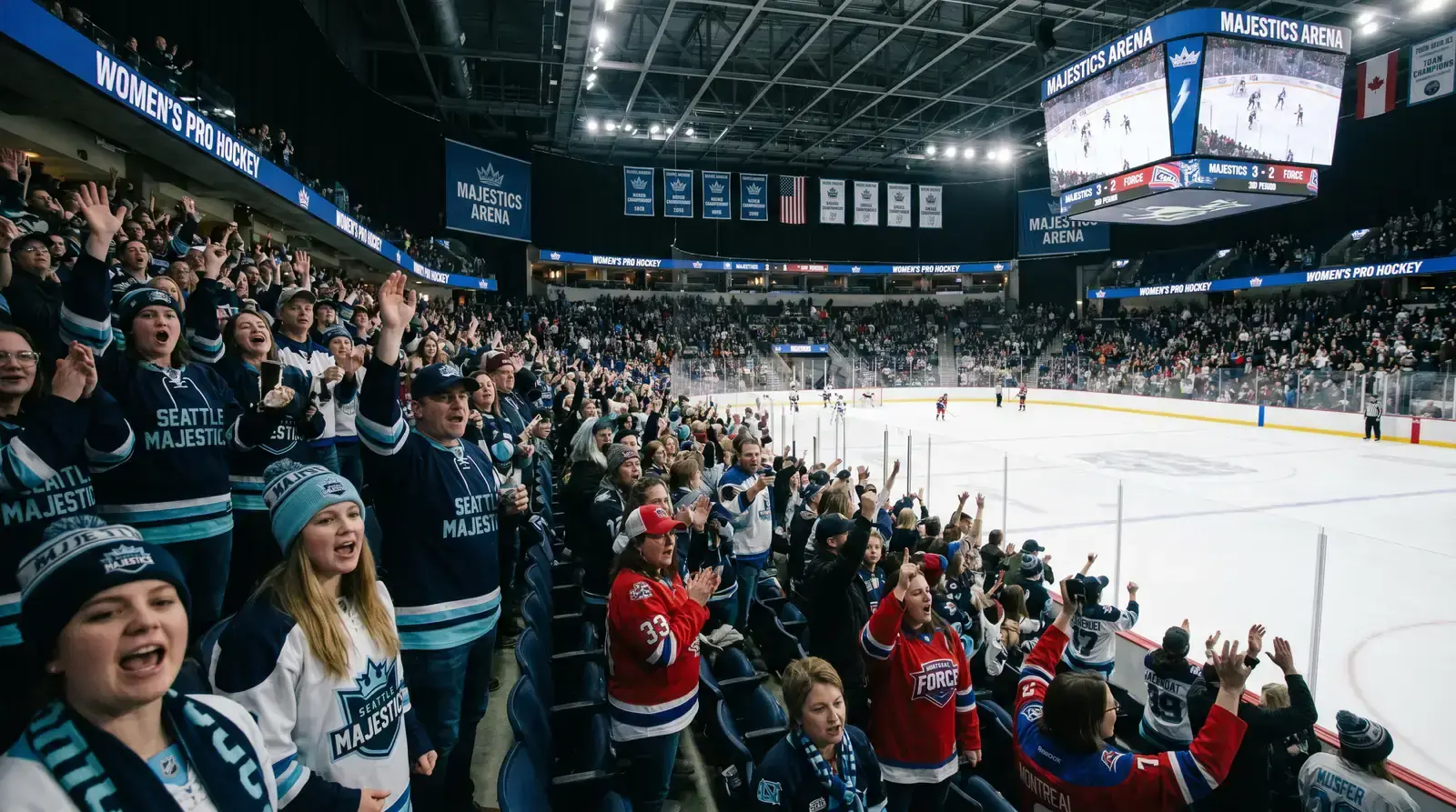 Packed arena crowd watching a women's professional hockey game with team banners