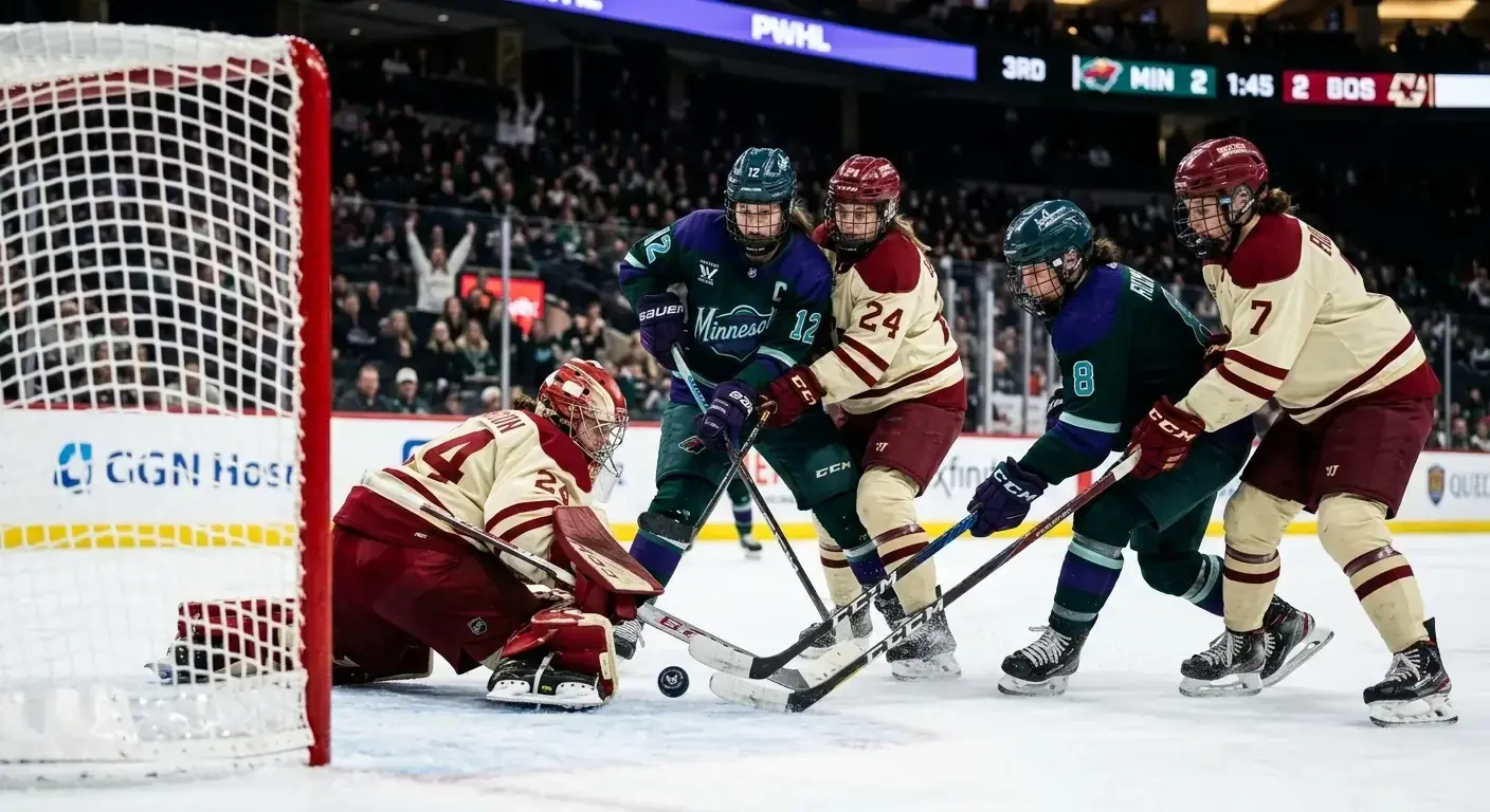 Two PWHL teams in a closely contested game with tight defensive play