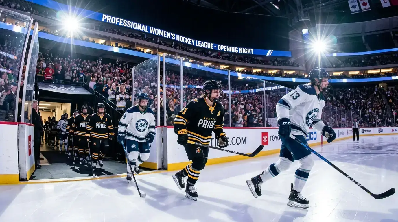 Young women's hockey players taking the ice for a professional league game