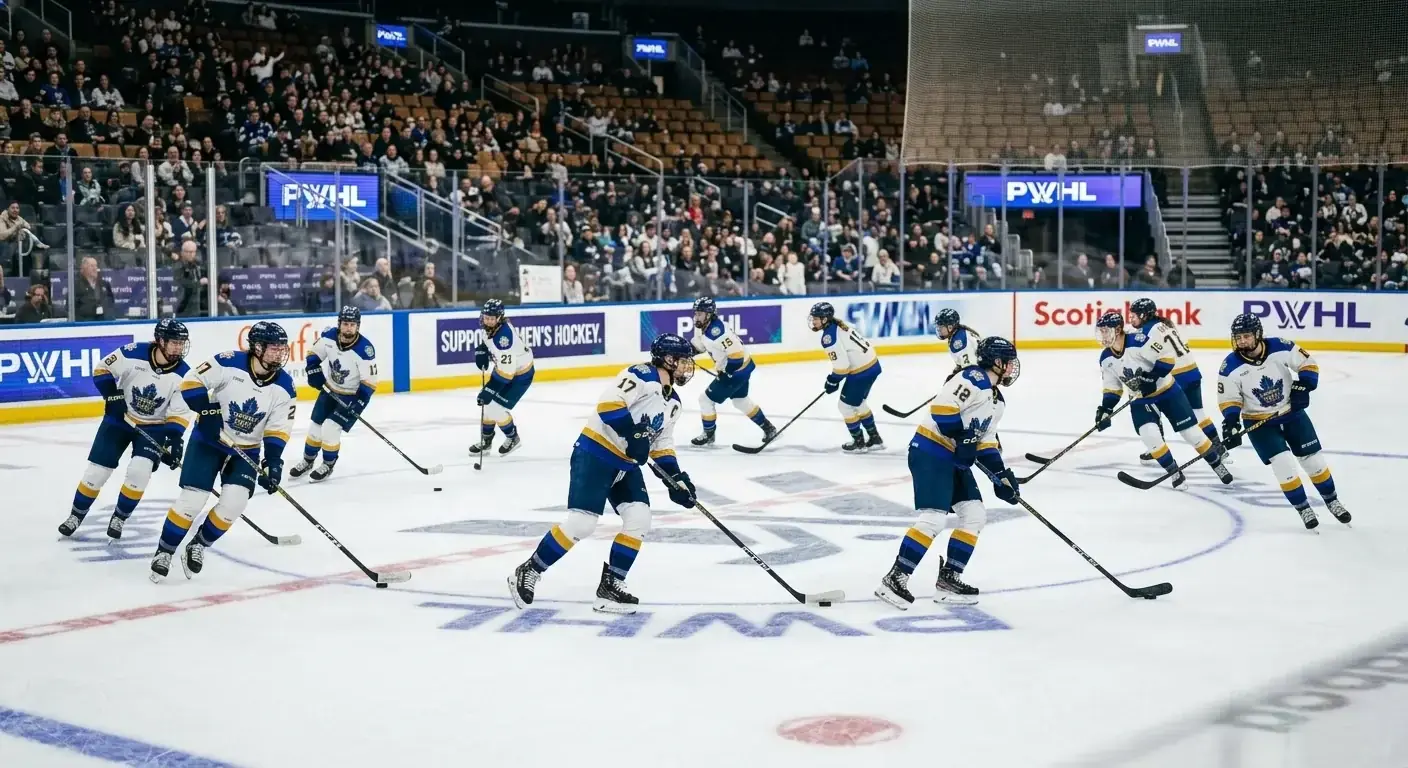 PWHL team on the ice during warmups before a game at their home arena