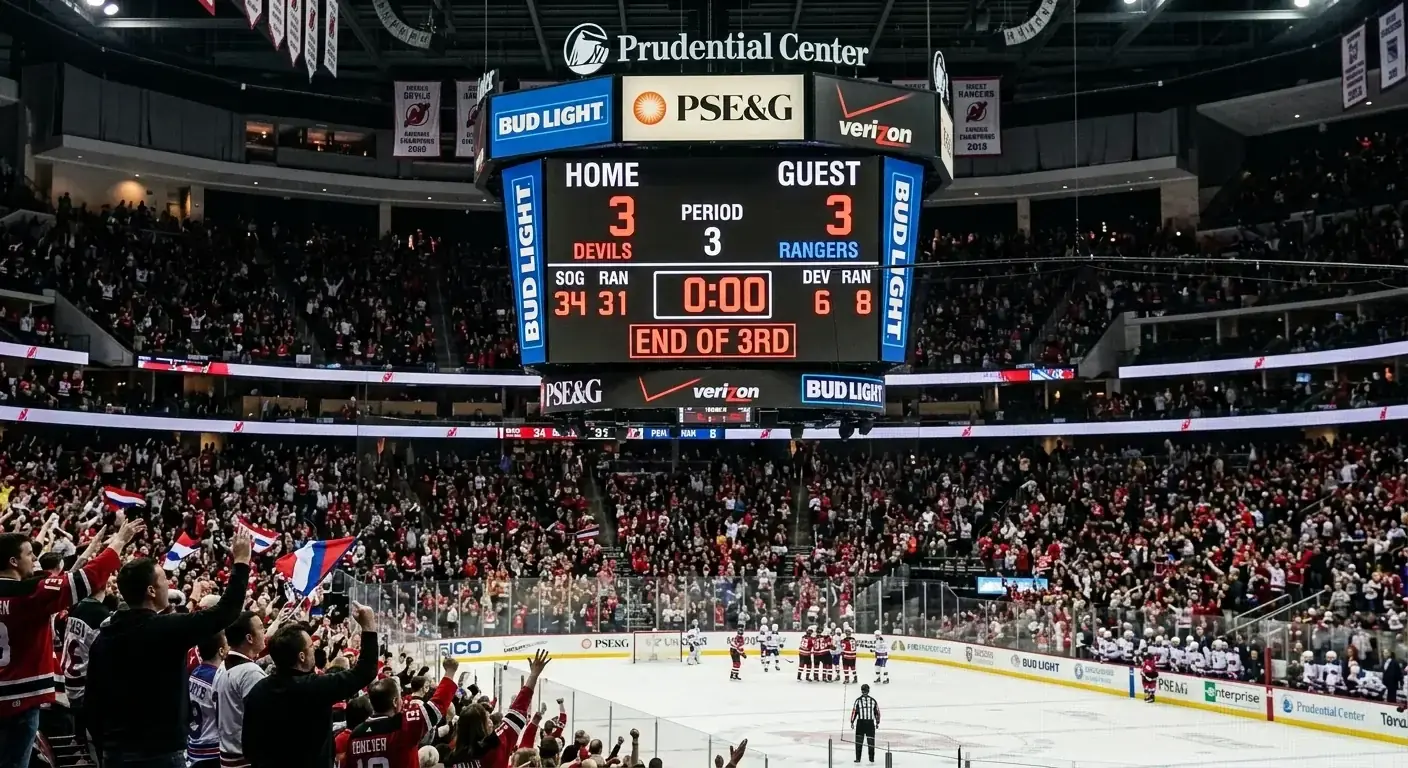 Hockey game scoreboard showing a tied score at the end of the third period