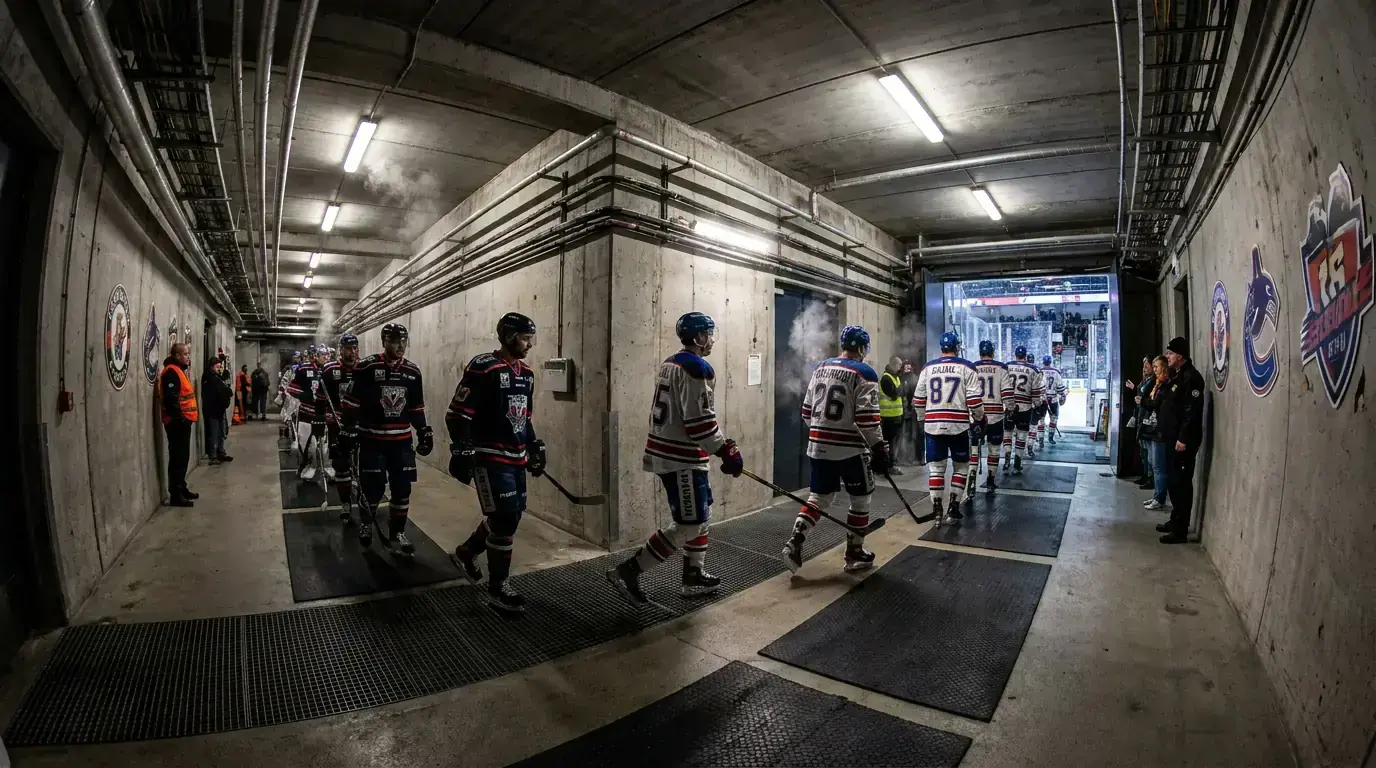 Hockey teams returning to the ice after the first intermission break