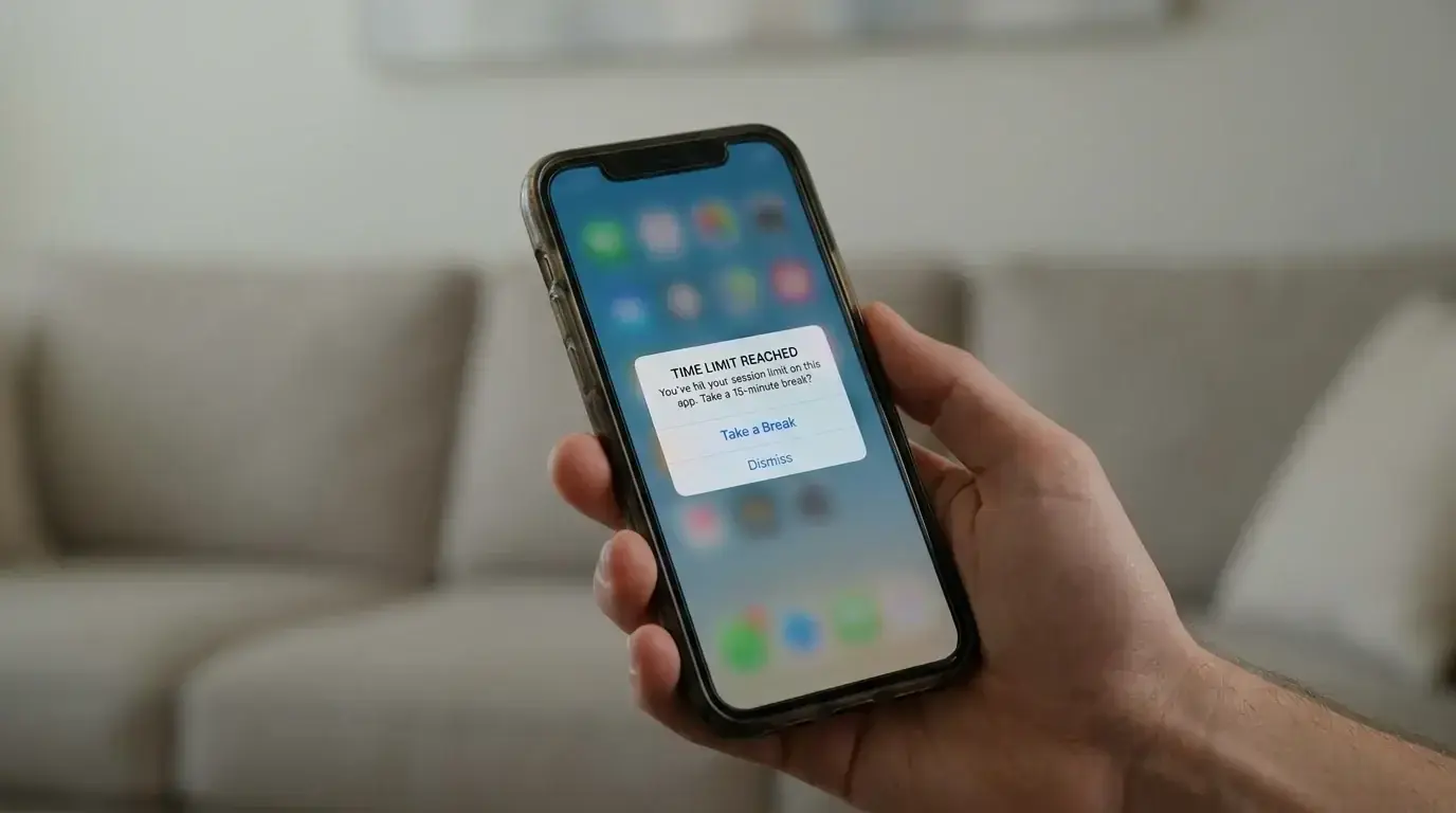 Smartphone notification showing a gambling session time limit reminder on screen