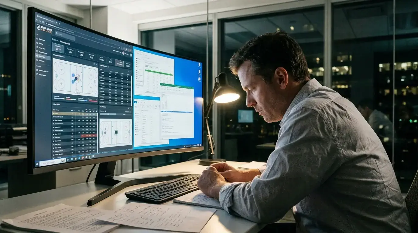 Sports analyst reviewing hockey data and odds on a computer screen