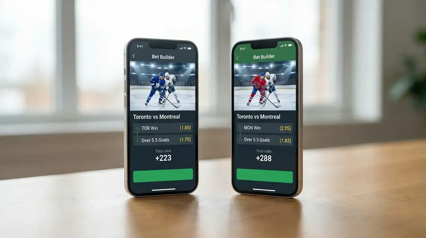 Two smartphones side by side showing different bookmaker odds for the same hockey SGP