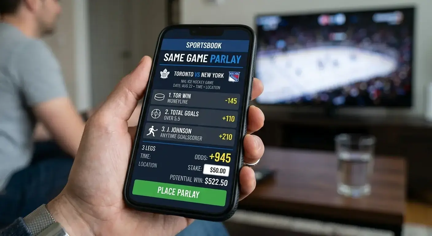 Hockey betting slip on a smartphone showing a three-leg same-game parlay