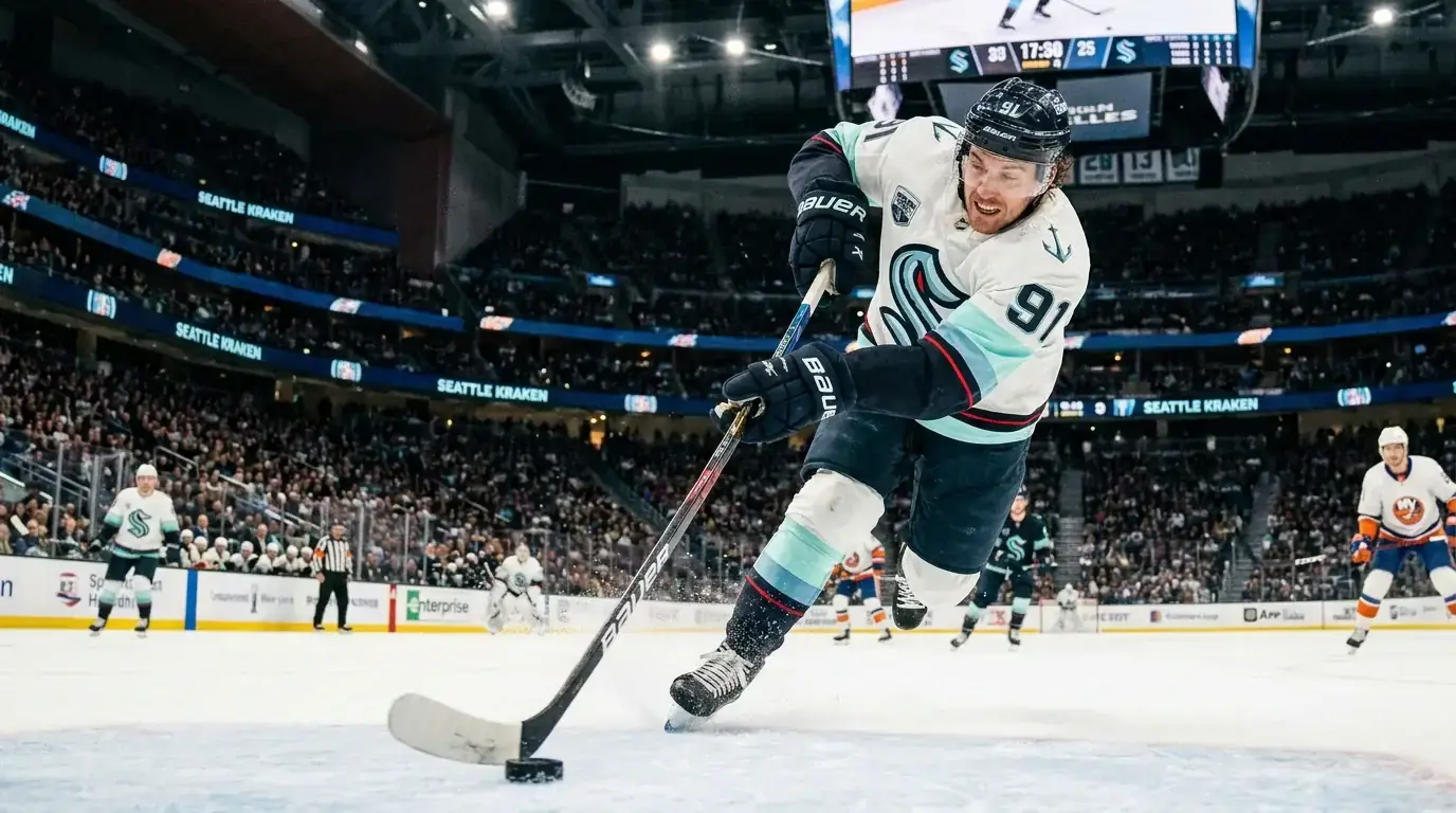 Hockey forward winding up for a shot from the top of the circle