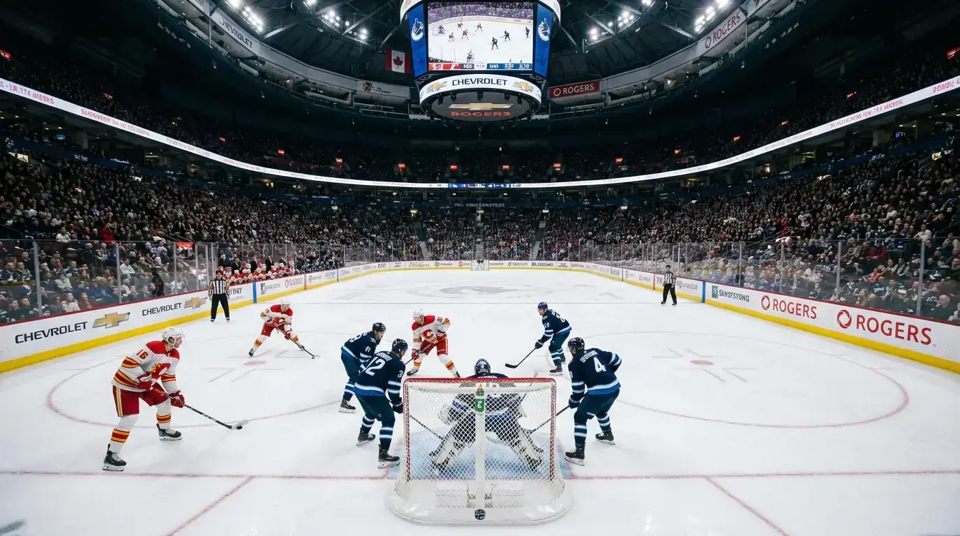 Hockey power play formation with players positioned in the offensive zone