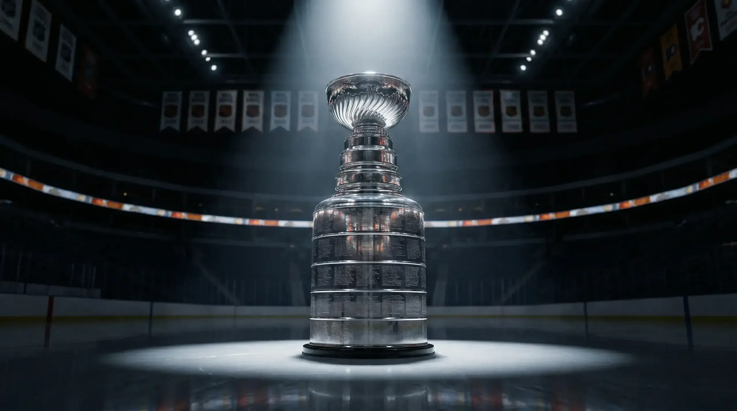 Stanley Cup trophy on display under dramatic lighting in a hockey arena