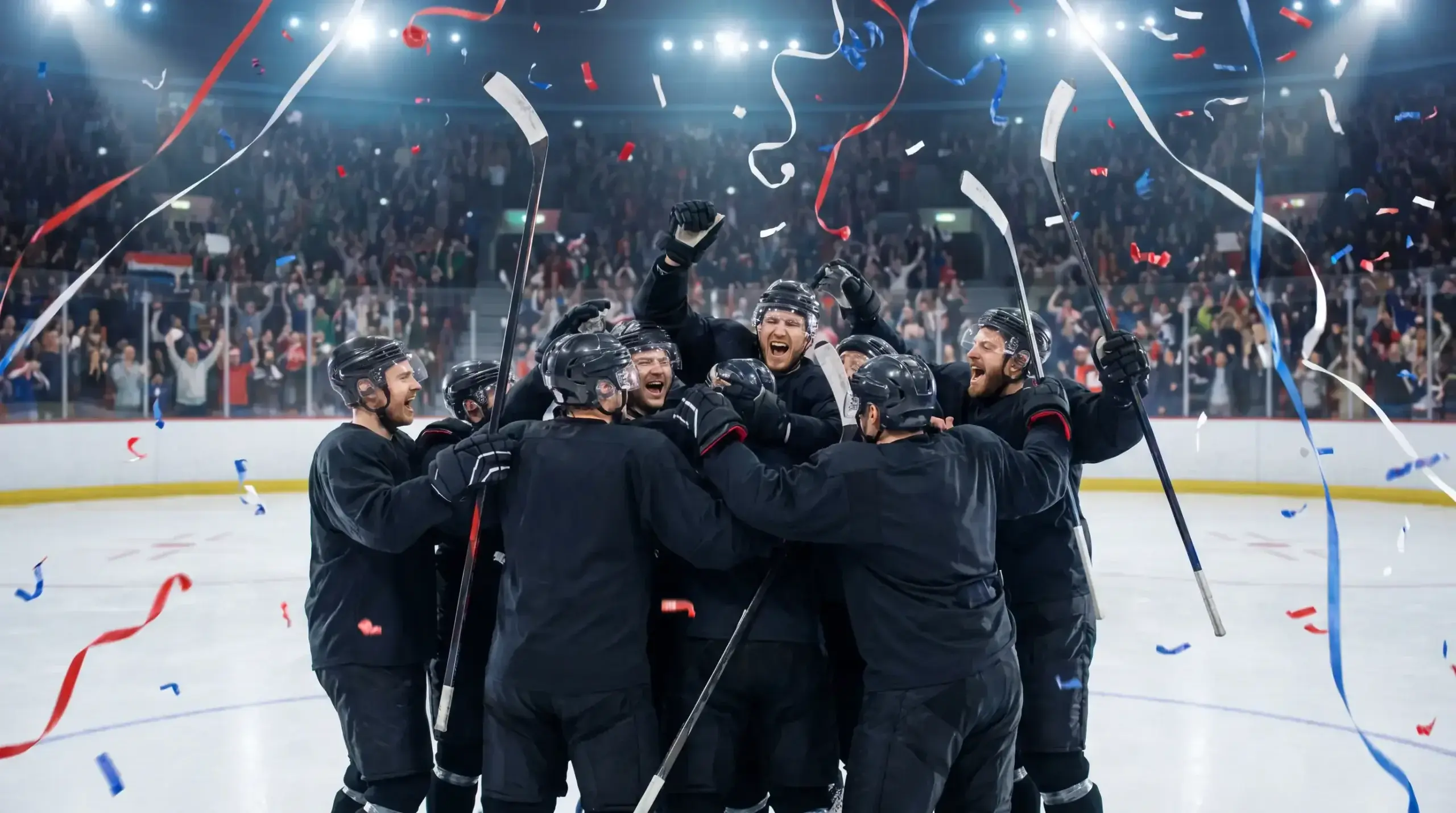 NHL players celebrating after a Stanley Cup playoff series victory