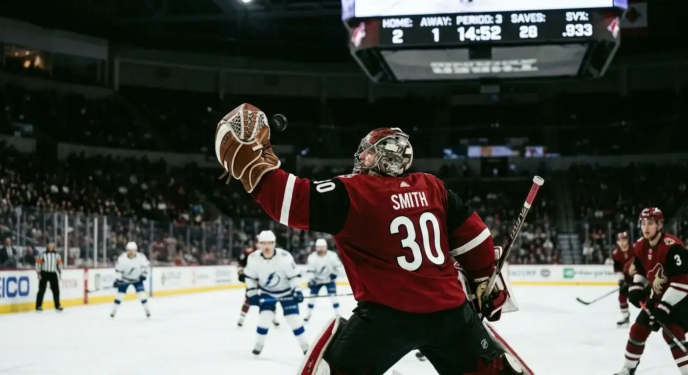 Goaltender making a glove save from close range during an NHL game