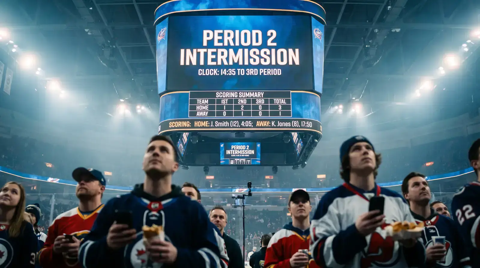 Hockey arena with period clock displayed on jumbotron during second intermission