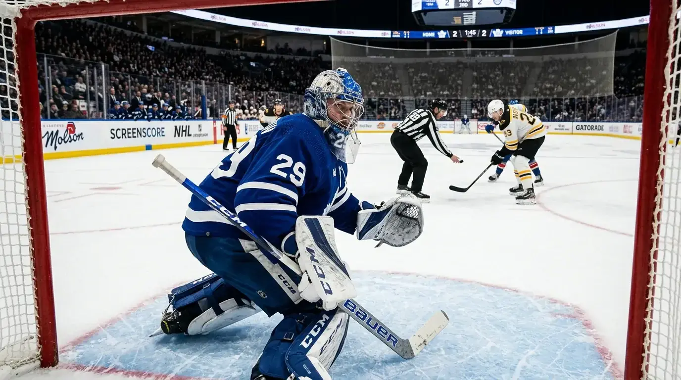 Hockey goaltender preparing for a face-off representing totals selection in an accumulator