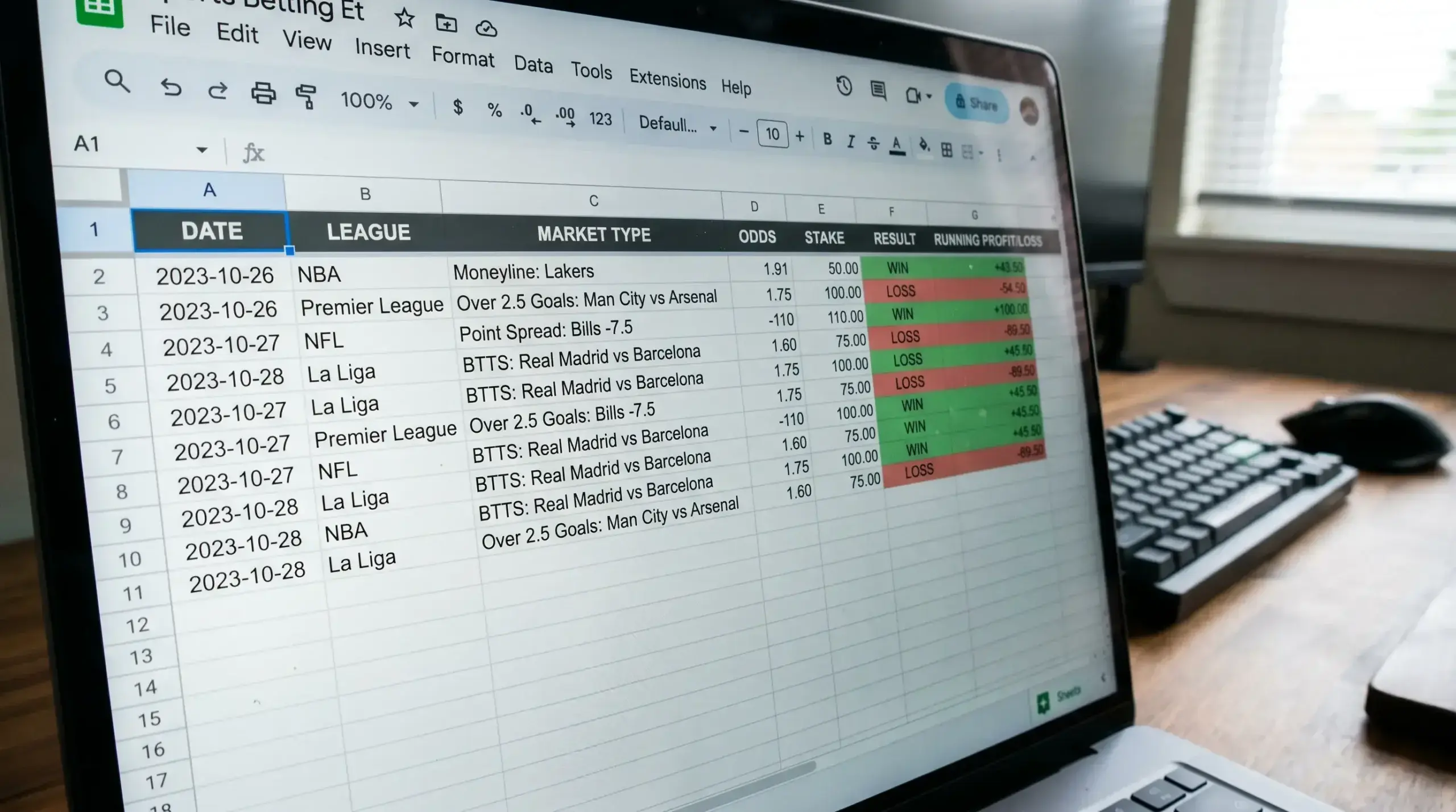 Detailed sports betting spreadsheet showing date market odds stake and result columns