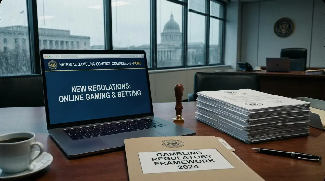 UK Gambling Commission logo and regulatory framework documentation on a desk