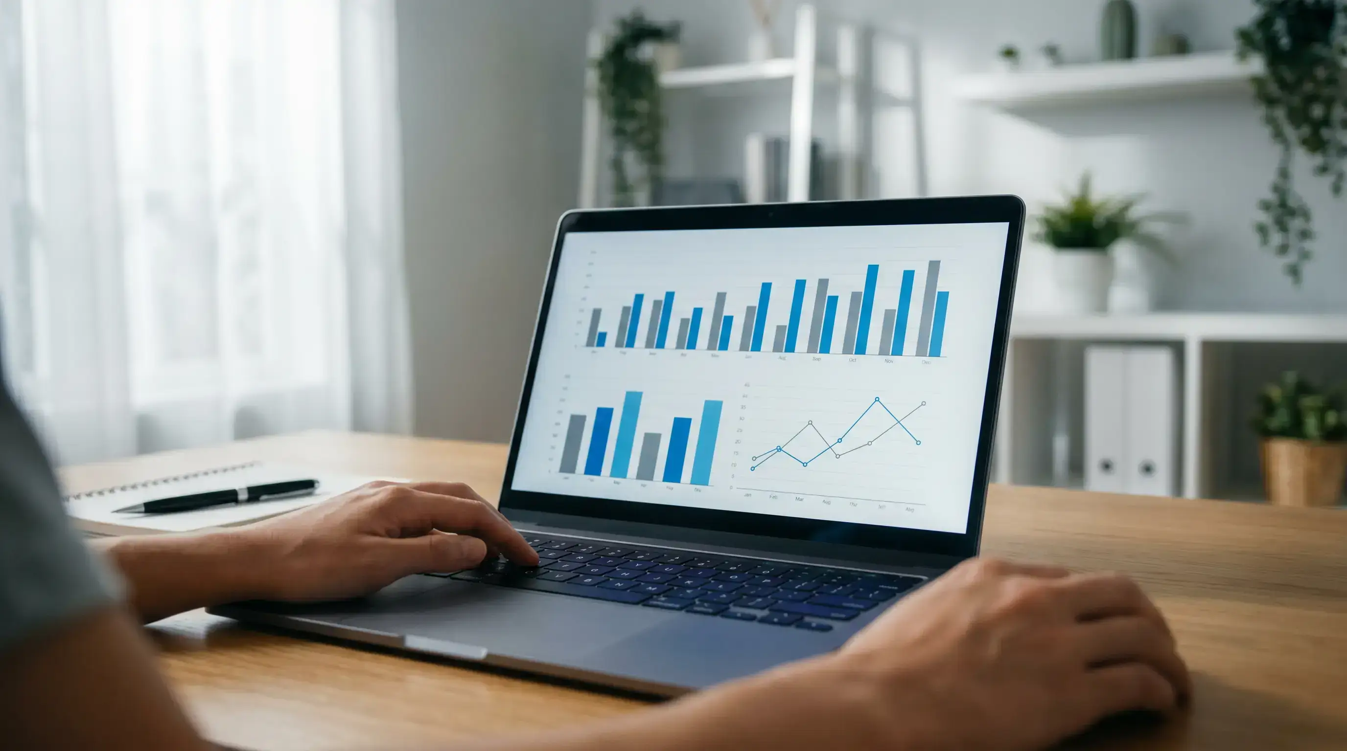 Person reviewing sports betting data on a laptop screen with charts and figures