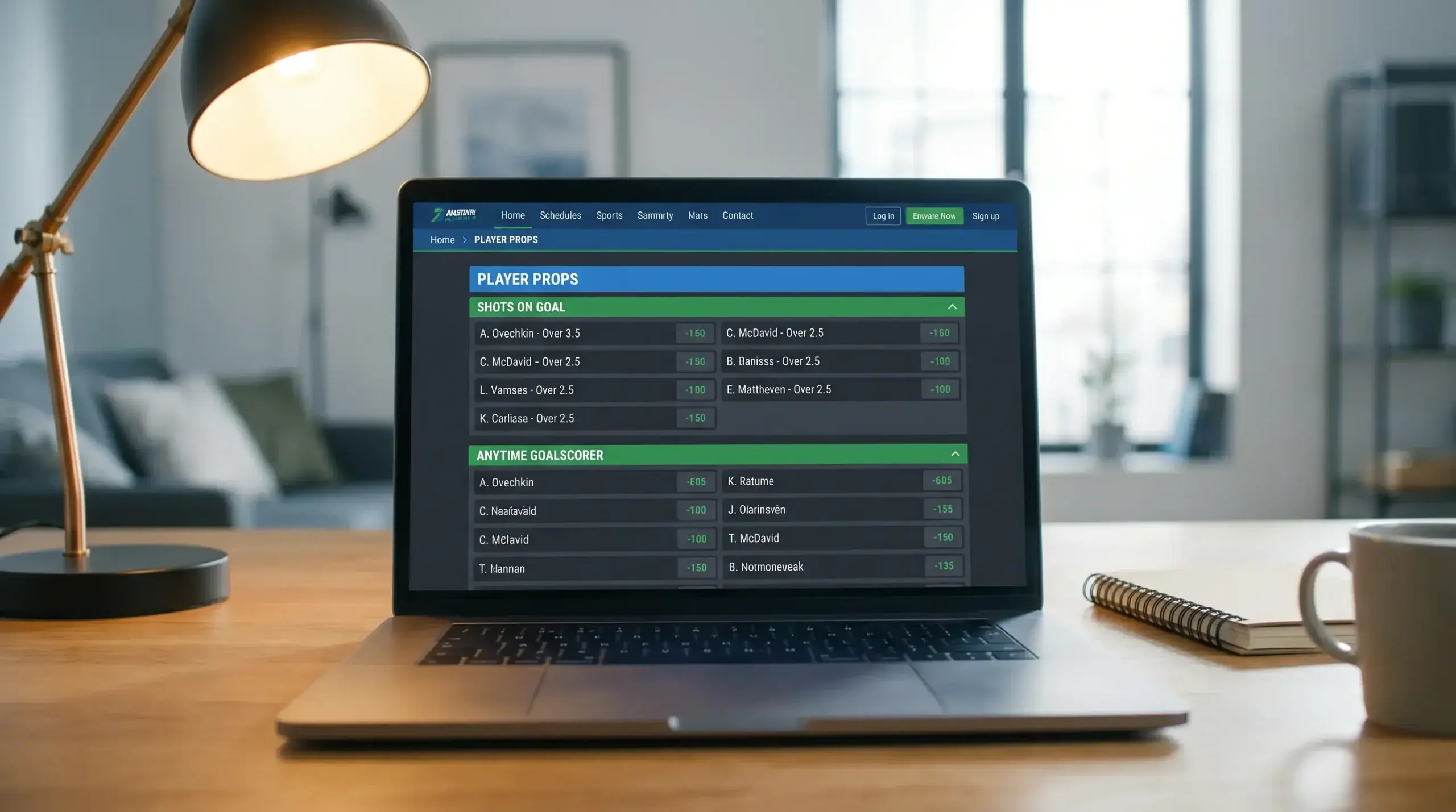 Laptop screen displaying a sports betting interface with hockey prop markets