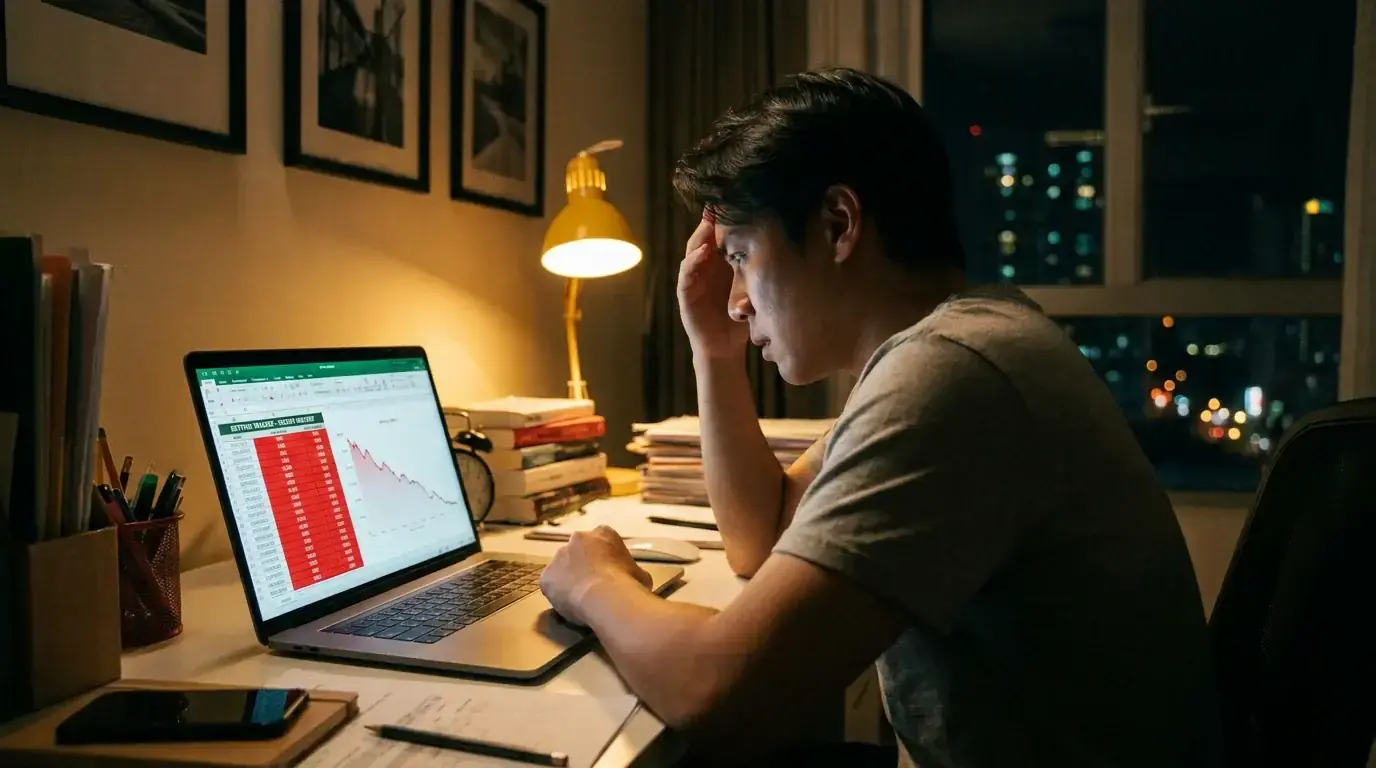 Hockey bettor reviewing a losing streak in their tracking spreadsheet