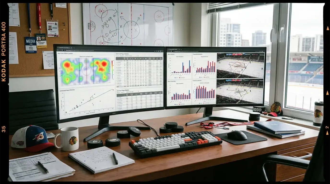 Sports analyst workspace with hockey analytics data displayed on multiple screens