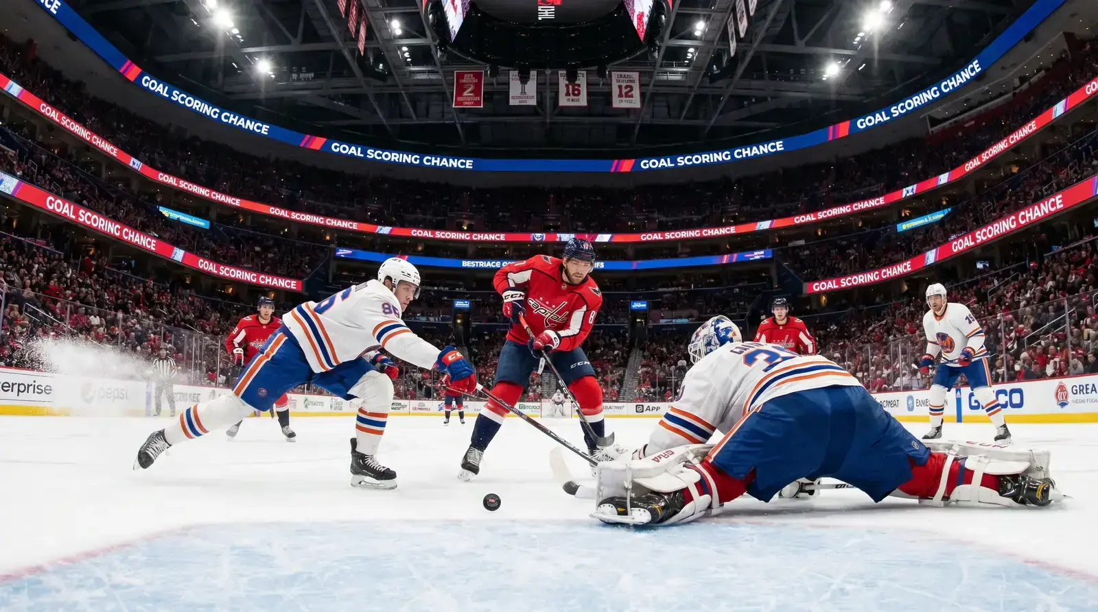 Two hockey teams during a high-event game with multiple shots on goal